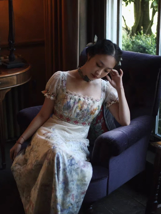 Lace Square-Neck Puff Sleeve Maxi Dress