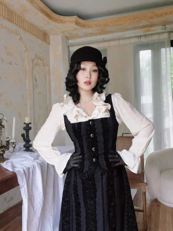 Noir Lace-Stripe Storybook Dress