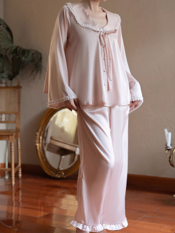 Lace Collar Ribbon Loungewear Set