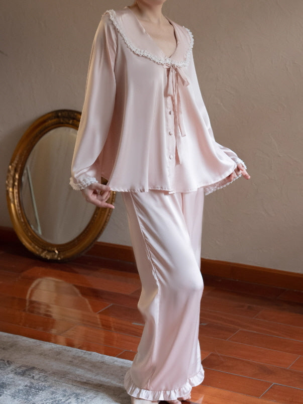 Lace Collar Ribbon Loungewear Set