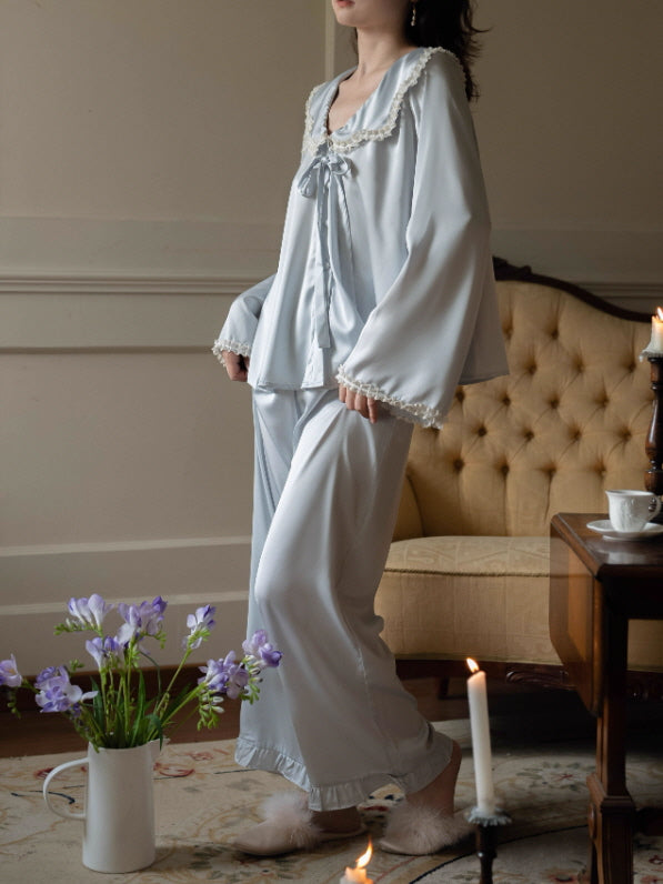 Lace Collar Ribbon Loungewear Set