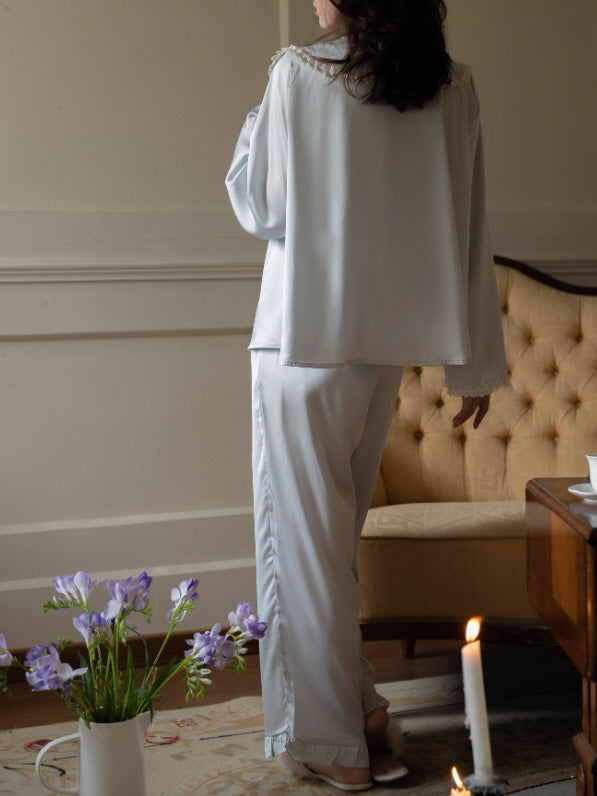 Lace Collar Ribbon Loungewear Set