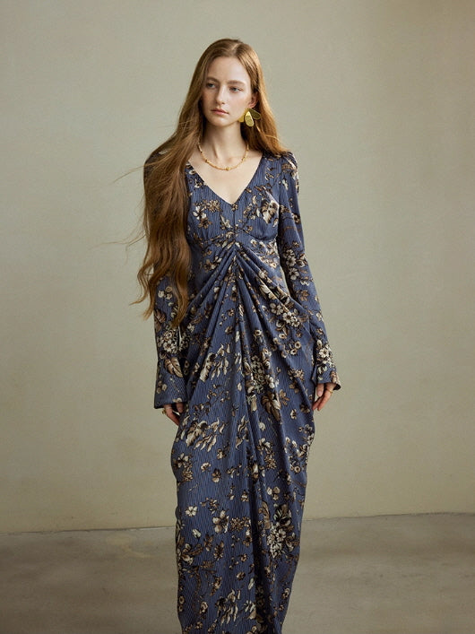 Midnight Botanical Draped Dress