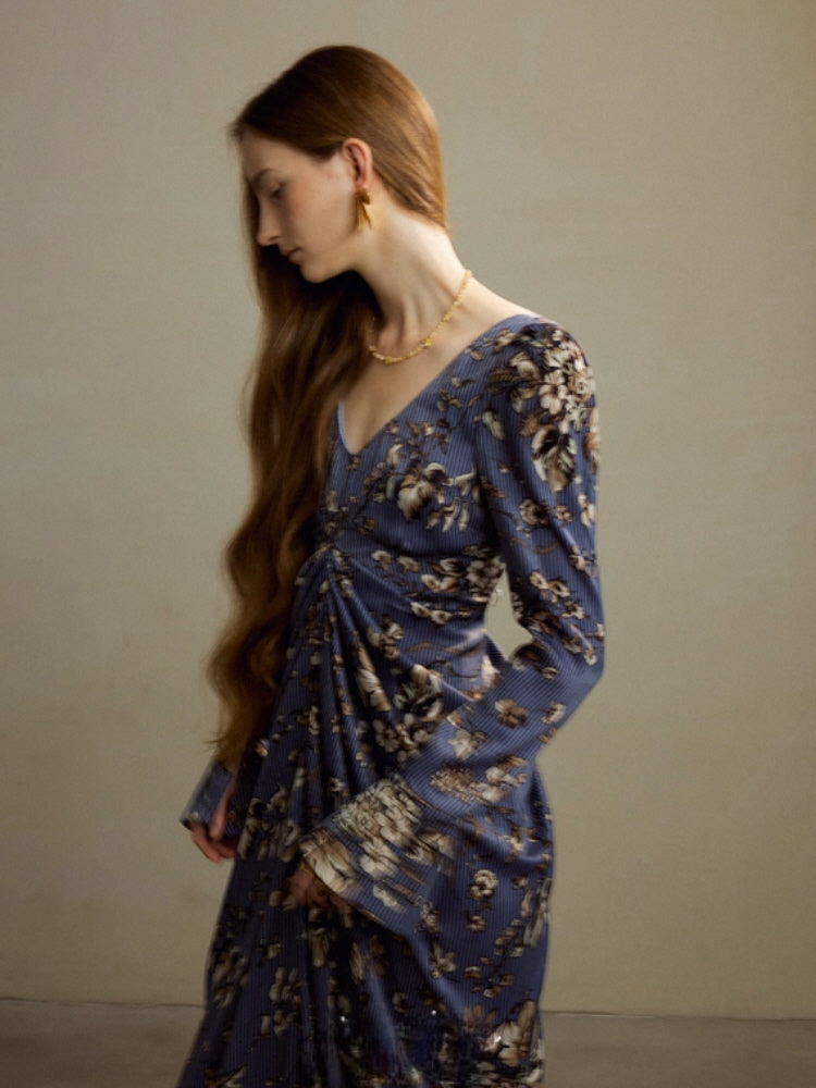 Midnight Botanical Draped Dress