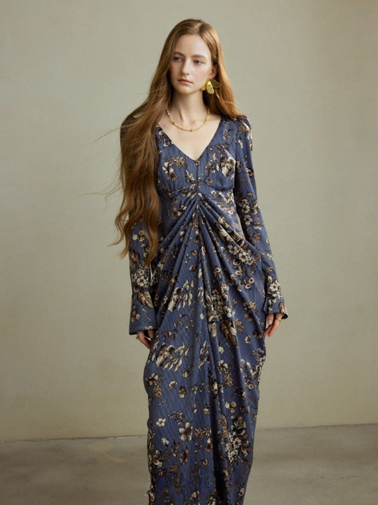 Midnight Botanical Draped Dress