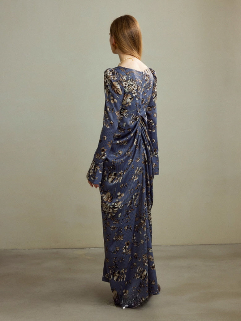 Midnight Botanical Draped Dress