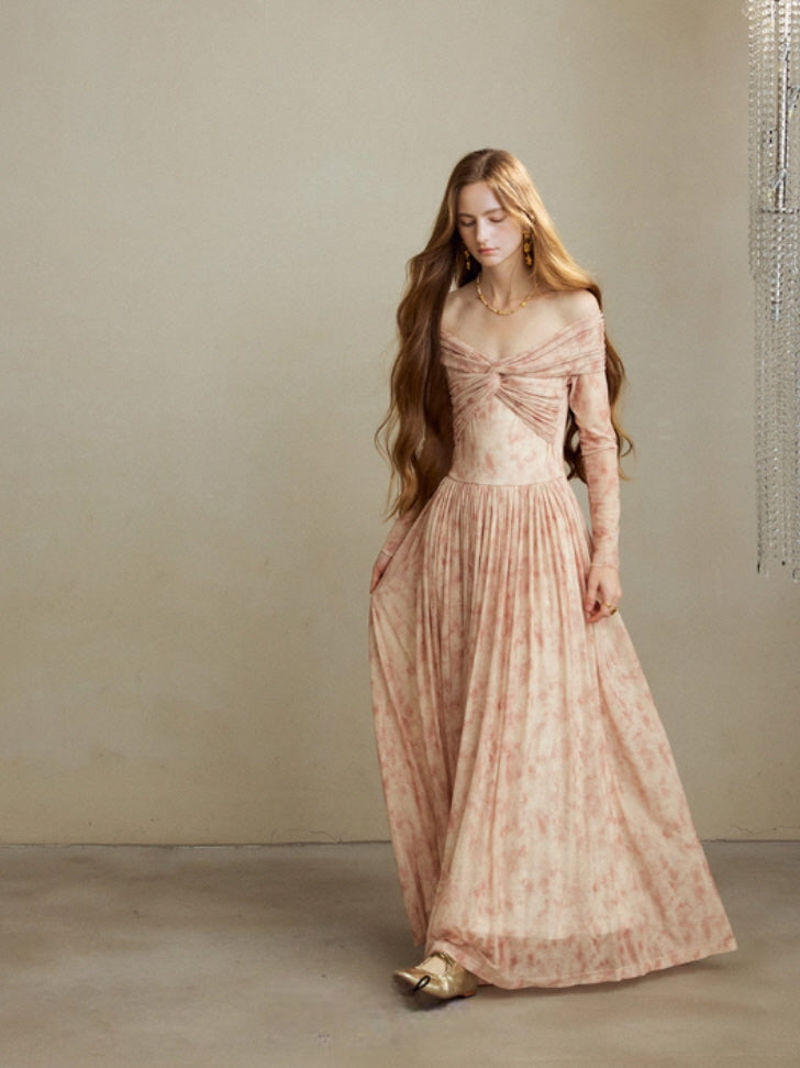 Blush Whispers Off-Shoulder Vintage Long Dress