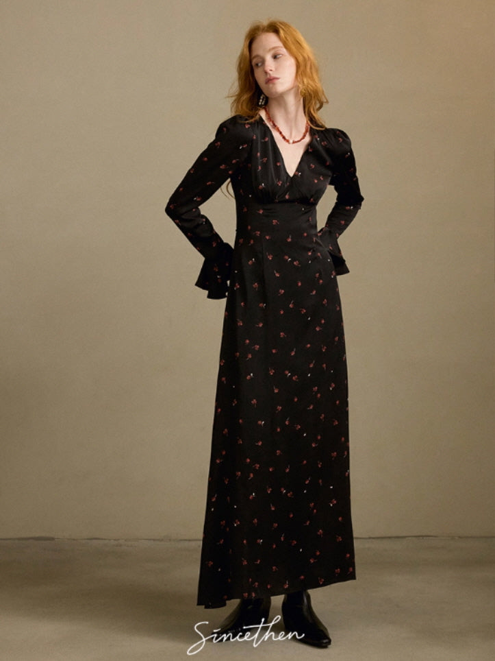 Midnight Petal Vintage Charm Maxi Dress
