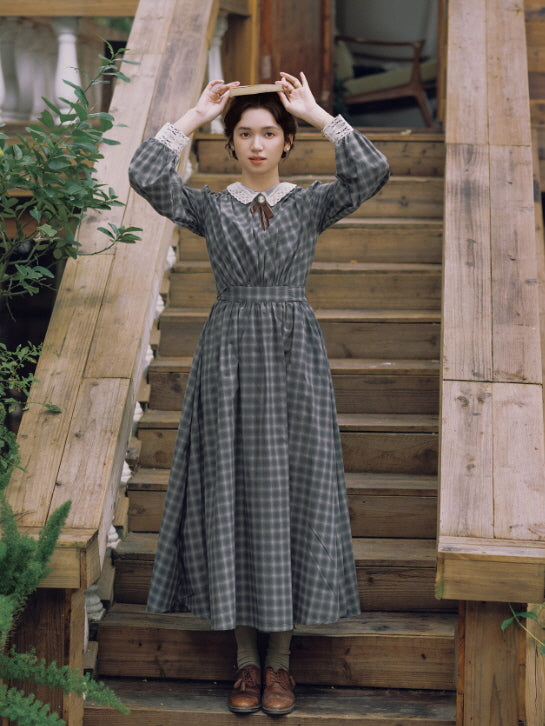 Grey Storybook Check Lace Collar Dress