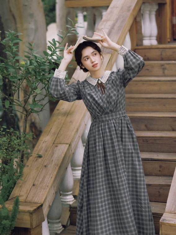 Grey Storybook Check Lace Collar Dress