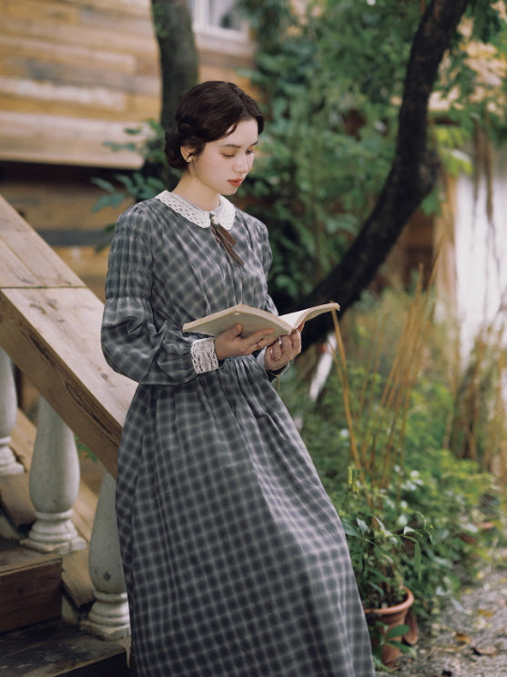 Grey Storybook Check Lace Collar Dress