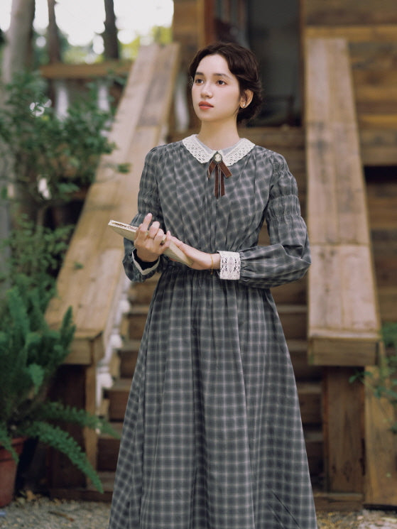 Grey Storybook Check Lace Collar Dress