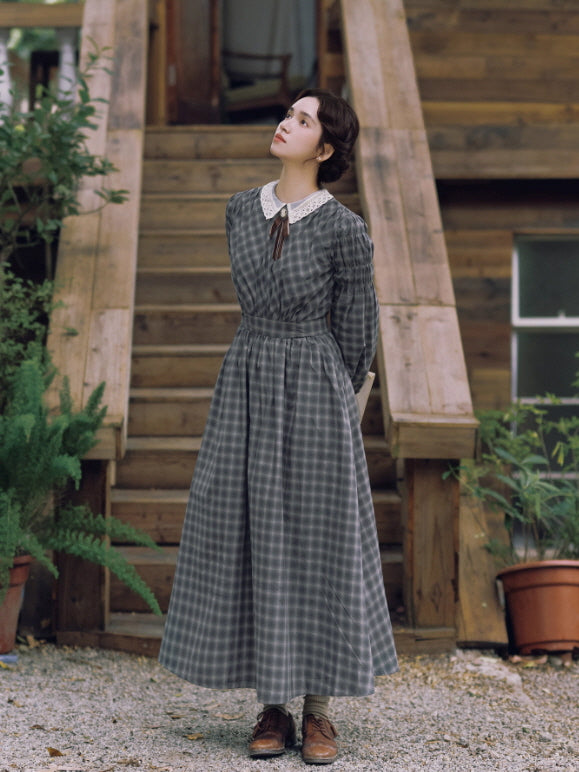 Grey Check Lace Collar Dress Ribbon Brooch Long Dress | Vintage Cottagecore Aesthetic Outfit S Grey Check Lace Collar Dress Ribbon Brooch Long Dress | Vintage Cottagecore Aesthetic Outfit S