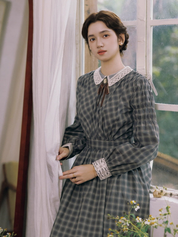 Grey Storybook Check Lace Collar Dress