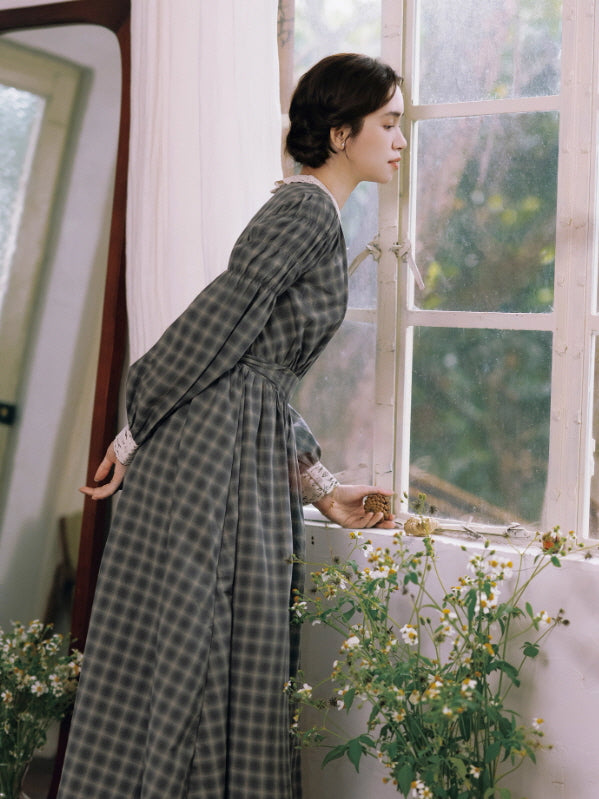 Grey Storybook Check Lace Collar Dress
