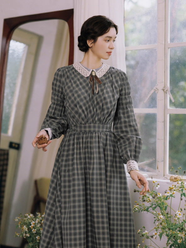 Grey Check Lace Collar Dress Ribbon Brooch Long Dress | Vintage Cottagecore Aesthetic Outfit S Grey Check Lace Collar Dress Ribbon Brooch Long Dress | Vintage Cottagecore Aesthetic Outfit S