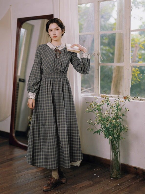 Grey Check Lace Collar Dress Ribbon Brooch Long Dress | Vintage Cottagecore Aesthetic Outfit S Grey Check Lace Collar Dress Ribbon Brooch Long Dress | Vintage Cottagecore Aesthetic Outfit S