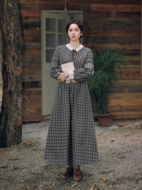 Grey Storybook Check Lace Collar Dress