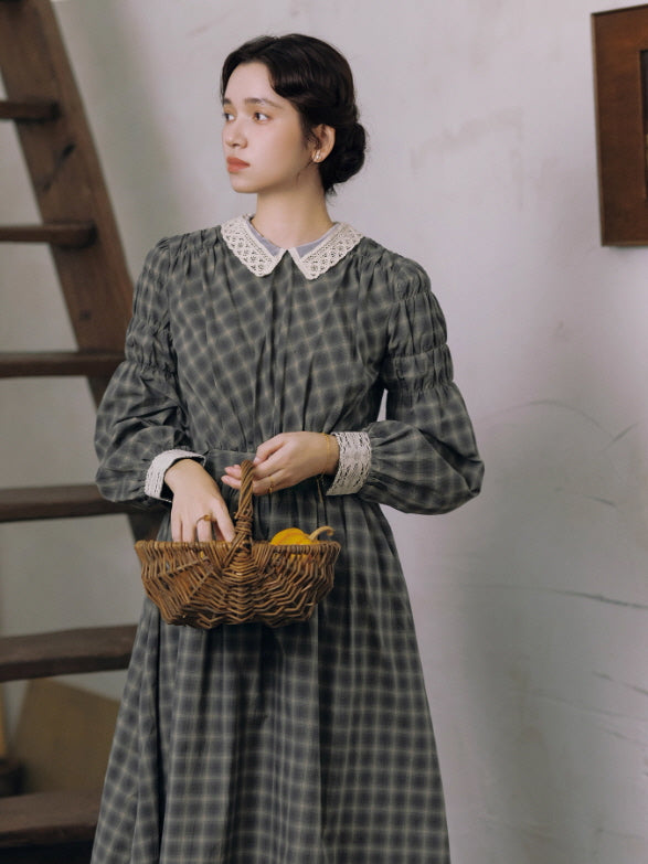 Grey Storybook Check Lace Collar Dress