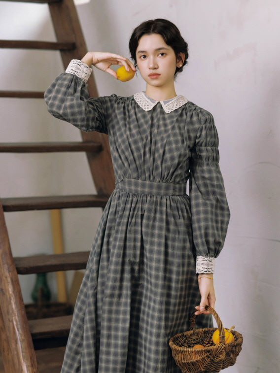 Grey Storybook Check Lace Collar Dress