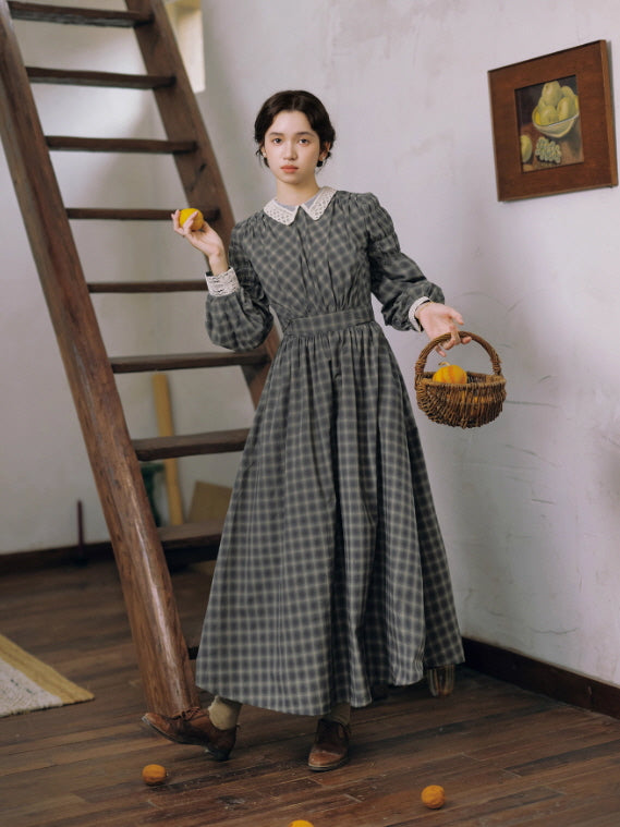 Grey Storybook Check Lace Collar Dress