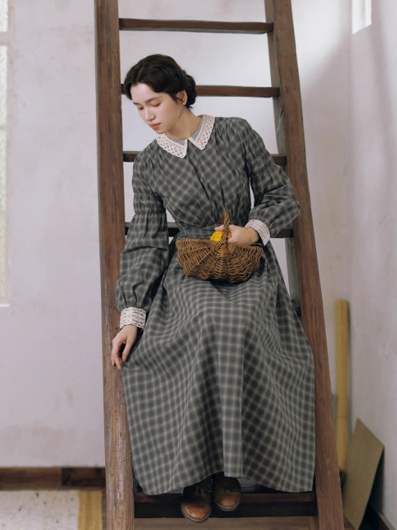 Grey Storybook Check Lace Collar Dress