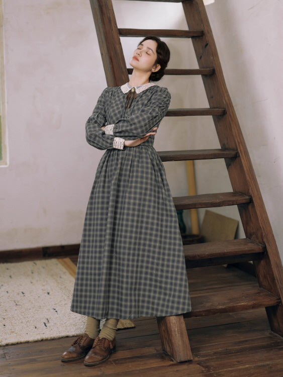 Grey Storybook Check Lace Collar Dress