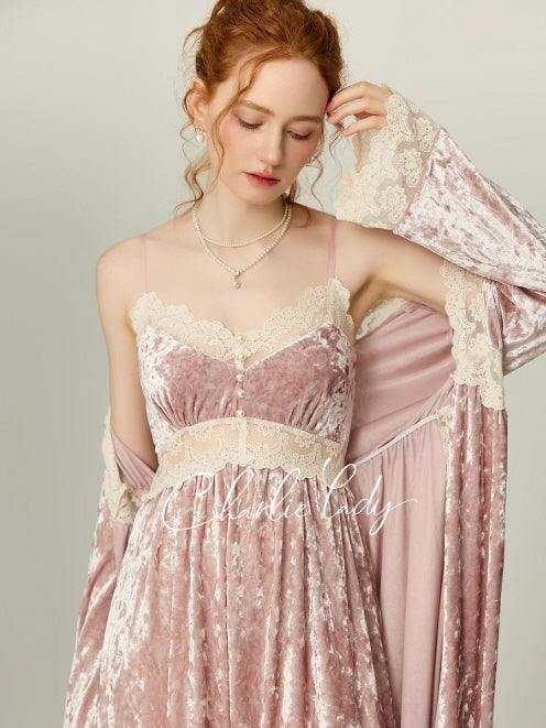 Close-up of blush velvet lace nightgown with spaghetti straps and matching robe, vintage inspired princesscore loungewear for a dreamy cottagecore bedroom, Romantic Fairytale.