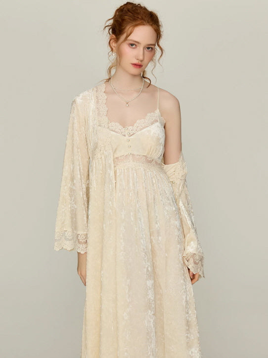 Ivory Velvet Garden Lace Nightgown Set