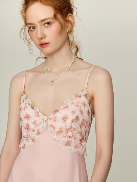 Close-up of blush pink floral lace camisole nightgown with delicate straps and pearl necklace, romantic fairycore sleepwear from Romantic Fairytale.