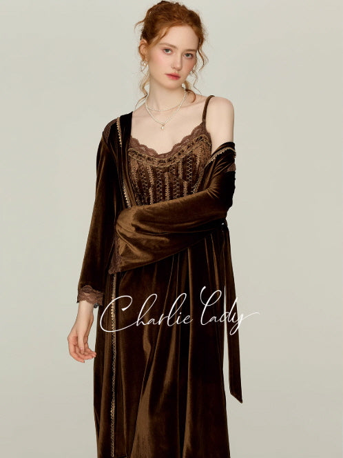 Model wearing a chocolate brown lace corset nightgown with matching long sleeve velvet wrap robe and tie belt, romantic vintage loungewear look for a princess aesthetic outfit.