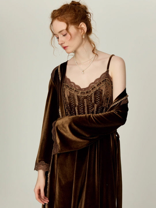 Moonlit Chocolate Lace Corset Nightgown & Robe