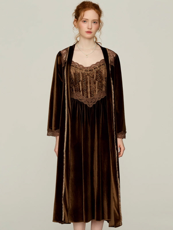 Moonlit Chocolate Lace Corset Nightgown & Robe