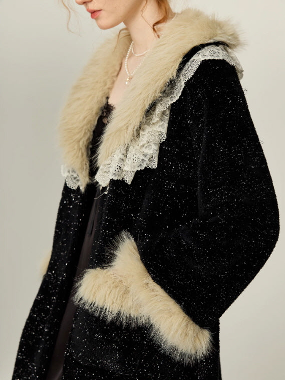 Midnight Lace Slip Nightgown & Faux Fur Trim Robe