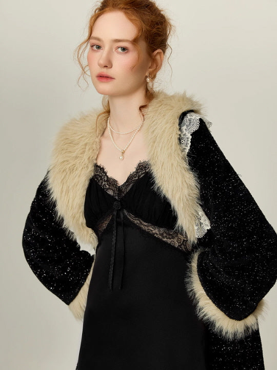 Midnight Lace Slip Nightgown & Faux Fur Trim Robe