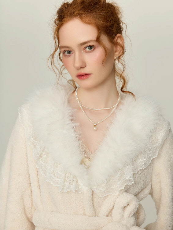 Snowy Lace Dream Slip Nightgown & Faux Fur Collar Robe