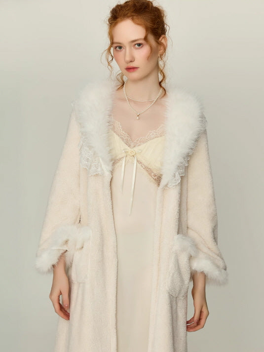 Snowy Lace Dream Slip Nightgown & Faux Fur Collar Robe