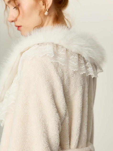 Snowy Lace Dream Slip Nightgown & Faux Fur Collar Robe