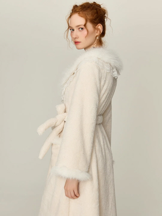 Snowy Lace Dream Slip Nightgown & Faux Fur Collar Robe