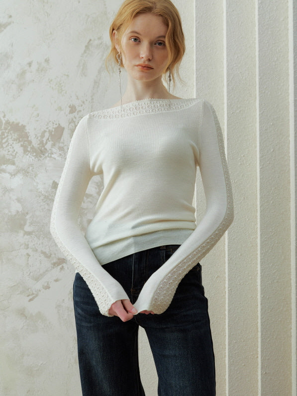 Model wearing an ivory lace trim knit top with a soft ballet neckline, styled as a romantic vintage outfit with an elegant everyday aesthetic.
