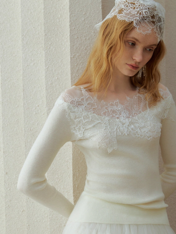 White lace neckline knit top with sheer floral lace detail, inspired by fairycore and vintage romantic style, styled for an elegant aesthetic outfit.