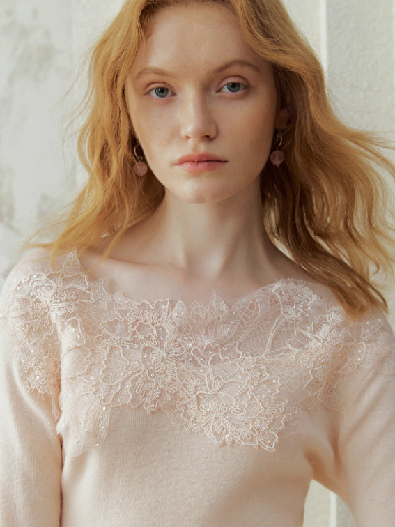 Blush lace collar knit top featuring delicate floral lace overlay and soft fitted silhouette, styled in a romantic vintage cottagecore aesthetic.