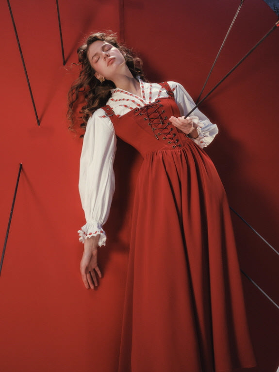 Crimson Fairytale Lace-Up Corset Dress