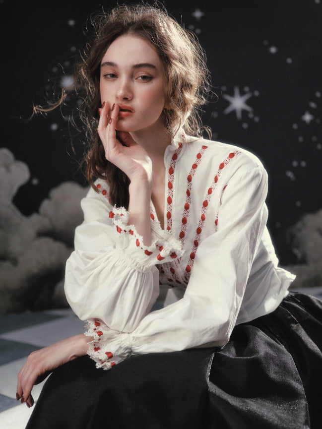 Ivory Ribbon Embroidered Blouse – Vintage Fairytale Romantic Top