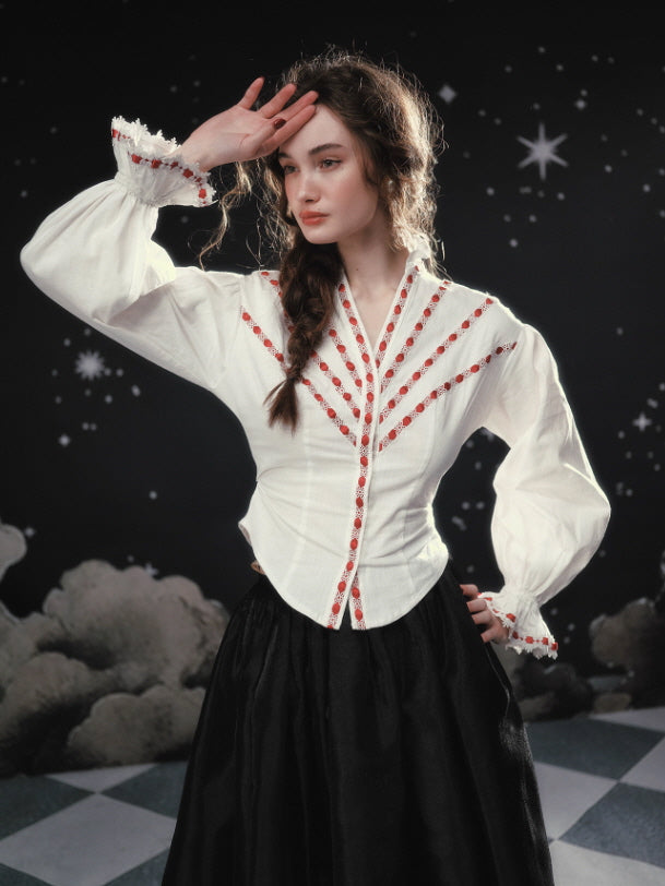 Ivory Ribbon Embroidered Blouse – Vintage Fairytale Romantic Top