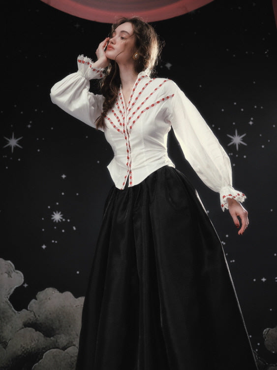 Ivory Ribbon Embroidered Blouse – Vintage Fairytale Romantic Top