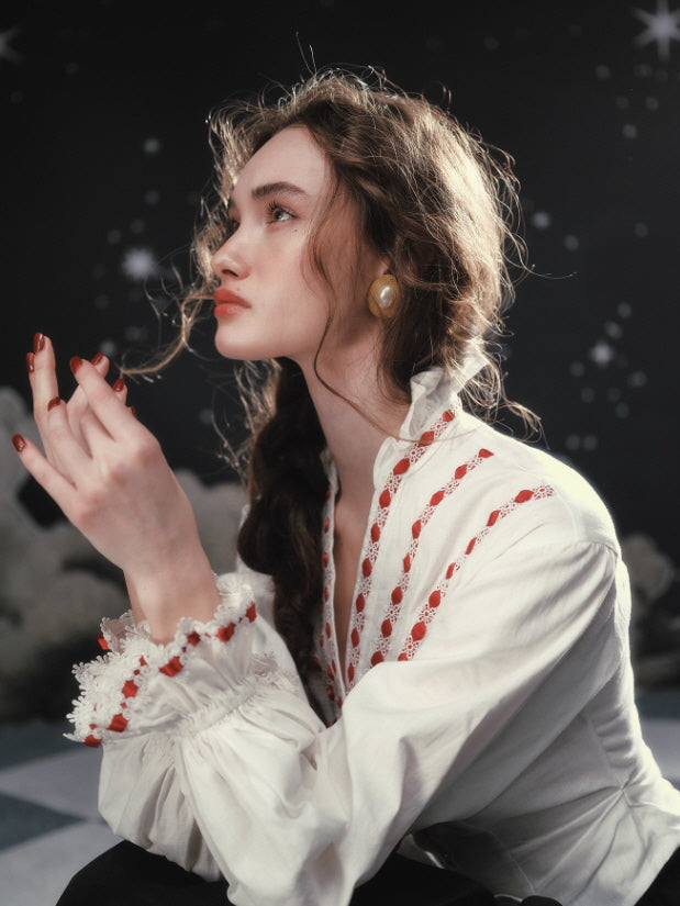 Ivory Ribbon-Embroidered Romantic Blouse