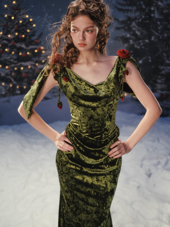 Olive Rose Draped Velvet Dress