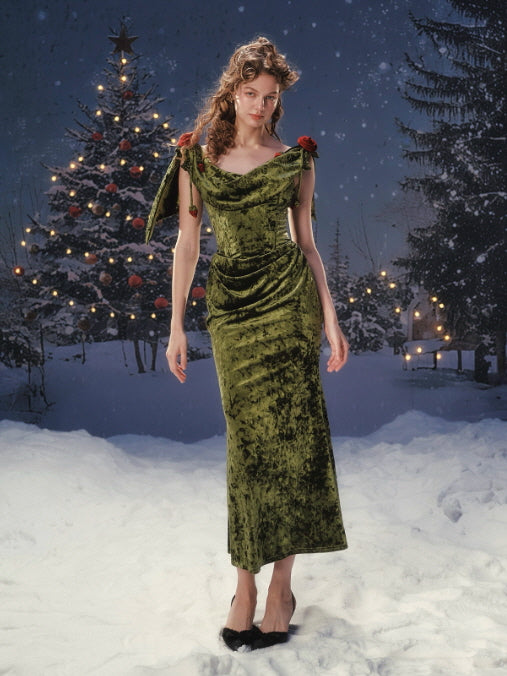 Olive Rose Draped Velvet Dress