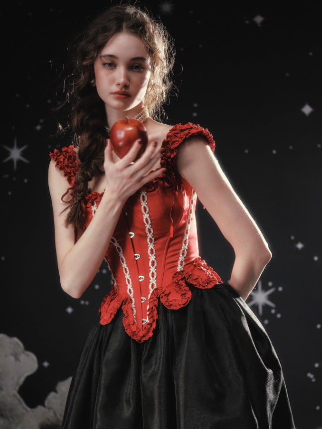 Crimson Lace-Up Corset with Rose Detail Vintage Fairytale Corset Top Skirt / M Crimson Lace-Up Corset with Rose Detail Vintage Fairytale Corset Top Skirt / M